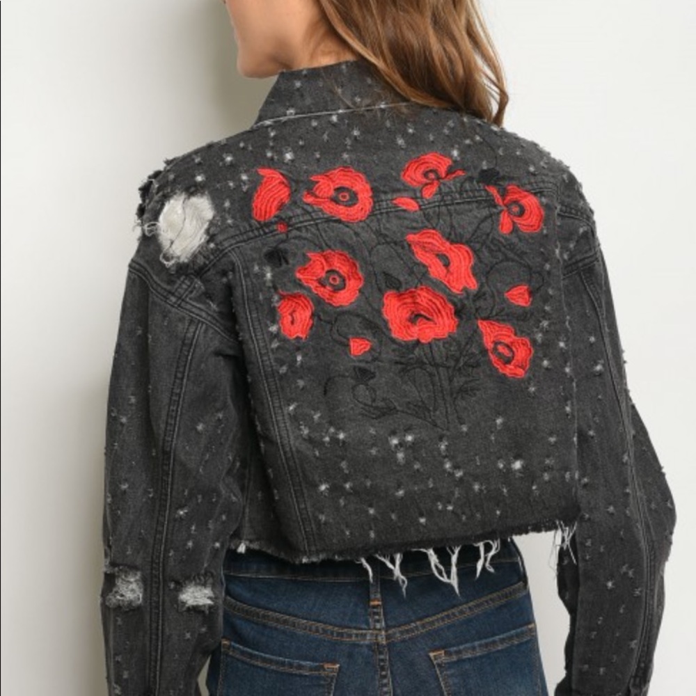 1 LEFT - Cropped Embroidered Jean Jacket